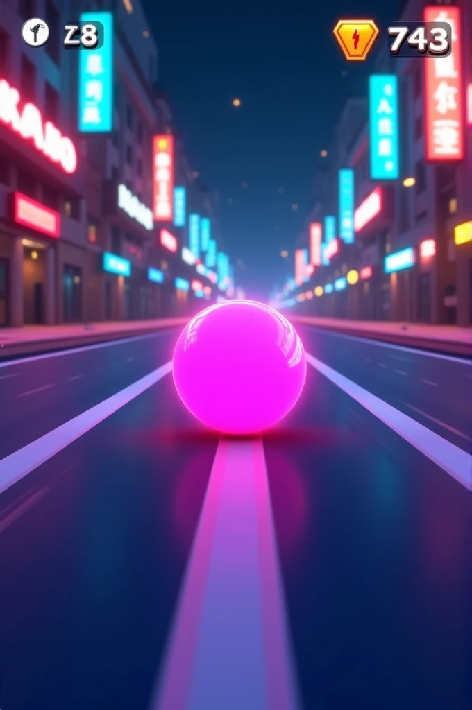 [A pink ball rolling down a city street in a 3D mobile game, preparing to jump over obstacles,  a sense of anticipation and excitement], [3D game art,  arcade style], [Sonic Dash style], [Bright, saturated colors; night-time city background with neon signs...