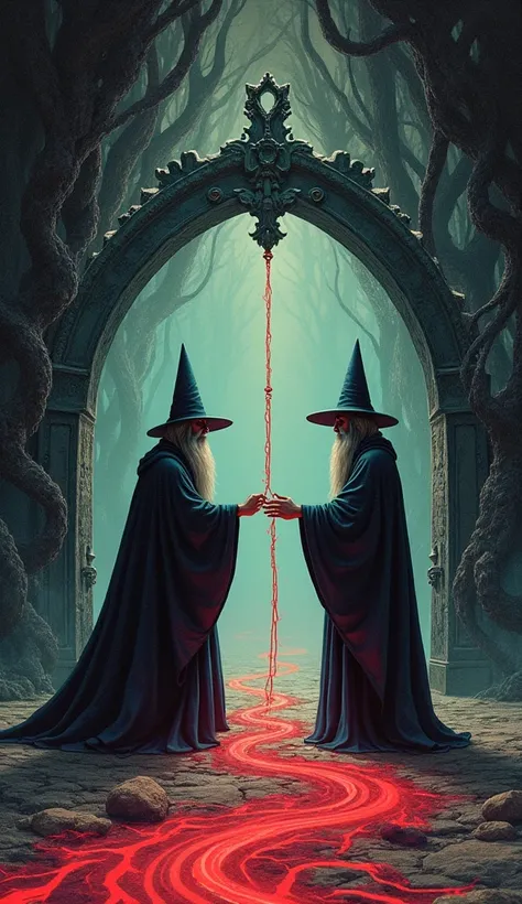  Dark fantasy book cover from the 1970s Dungeons and Dragons style paper art drawing of a wizard in front of a portal, On the other side of the portal a different wizard ,  the two wizards connected by a red cord that crosses the portal ,  in the style of ...