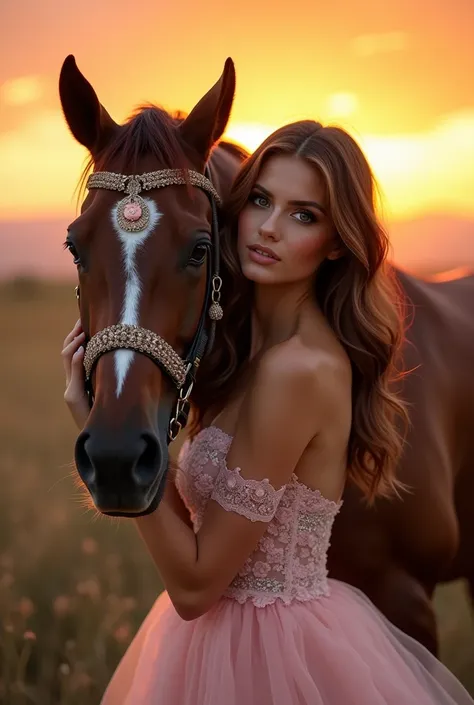 Presley with very long waist-length her ash brown bayalage hair with caramel highlights and bright green eyes looking seductively into the camera. She is standing next Apollo, her Arabian horse. Apollo has A brown coat, A white stripe on its nose.
An elega...