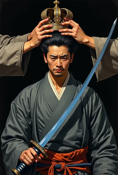  an illustration of a Japanese shoulder to which a crown is being placed by disembodied hands and this man is wearing a blue katana with a sad expression on his face, and the background of the image is black like a painting in the baroque , IN MEDIUM SHOT