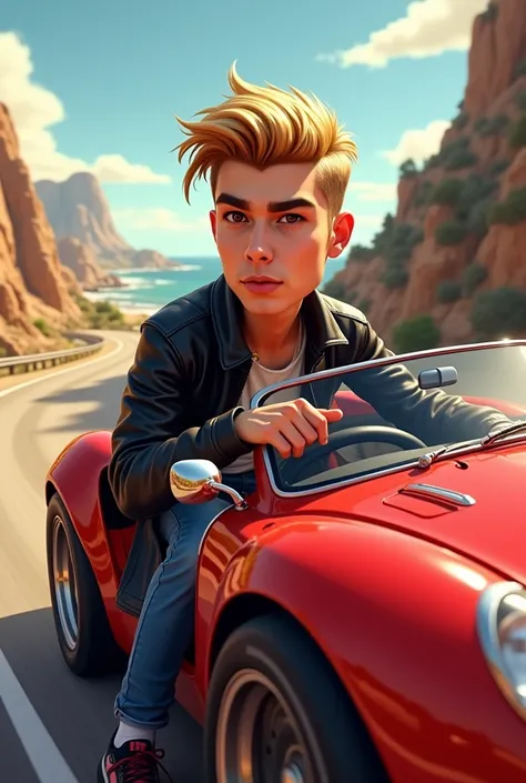 Crie uma ilustraction Style caricatura cômica de justin Bieber, masculine, 29 years old,  blonde hair , Short and stylized,  brown-eyed ,  confident and determined expression ,  wearing black leather jacket and jeans , Accessory:  Sport watch , action:  dr...