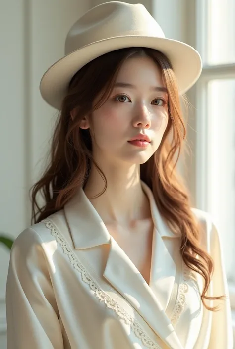  a petite brunette girl wearing white clothes, wearing a salon hat 