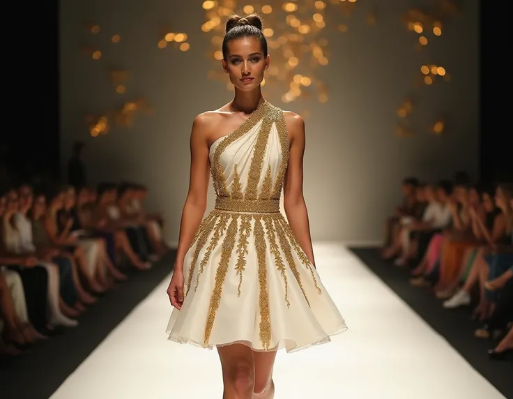  womens white and gold New Years look on a runway, Very fashionista 