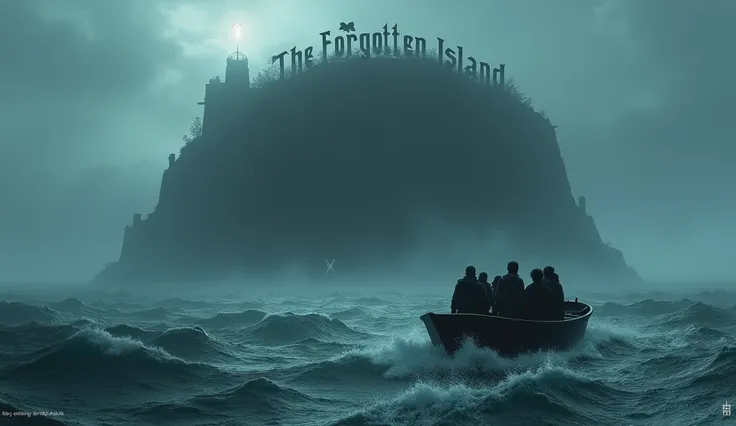 A dark, foreboding island rises out of a misty, turbulent sea. A small boat is seen in the foreground, with a group of university students, their faces filled with a mix of excitement and unease. The sky is overcast, casting eerie shadows on the jagged cli...