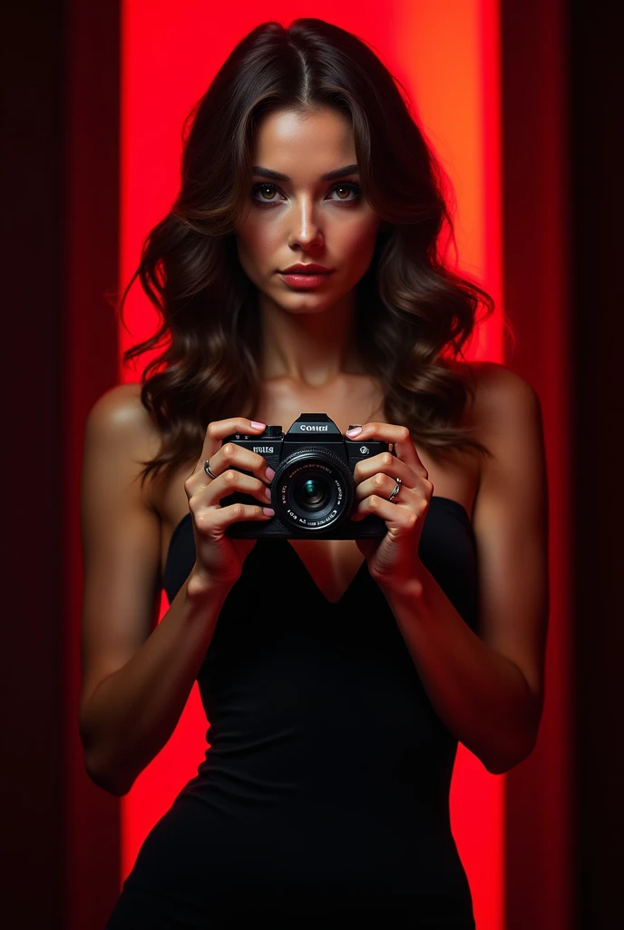 A cover using red and black colors with an attractive woman place her deeper because I want to add a caption while still holding a camera 