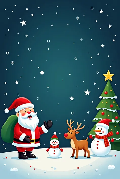  creates a Christmas card , 1. in the background 1 that the background is navy blue and the theme is Christmas, 1.1 with a Santa Claus , a snowman, AND A REINDEER, 1. 2 that has a Christmas tree , 1. 2 that has stars in the background .