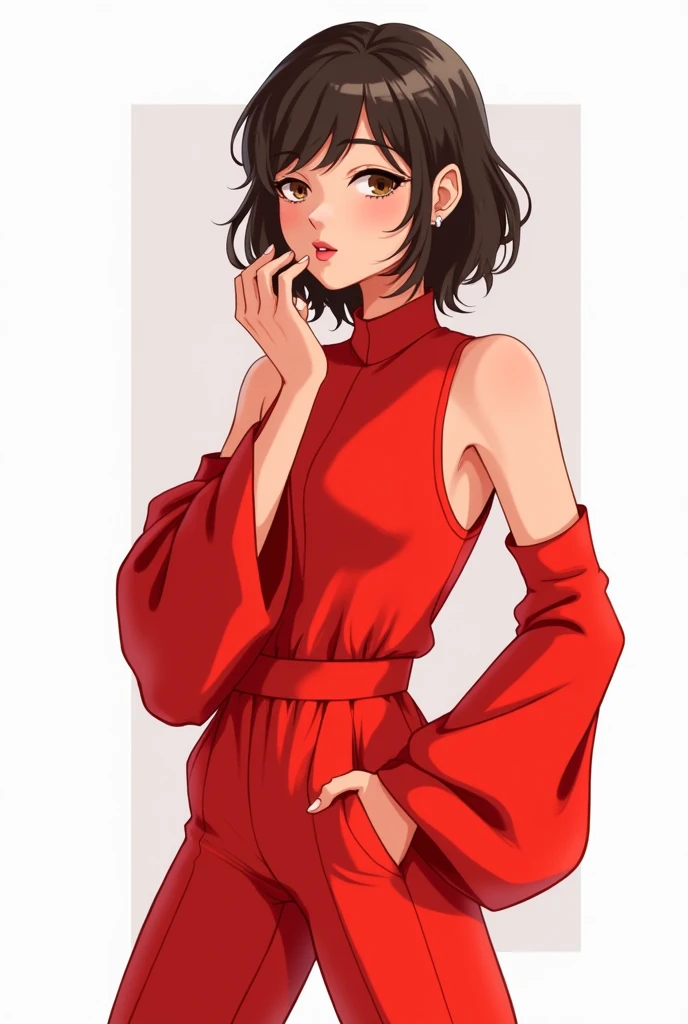 Red zero-sleeve girl with white borders sending a kiss
