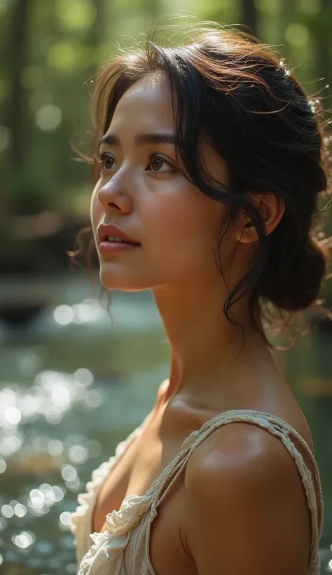 vintage style: full shot, wide angle, A beautiful attractive woman
as she prepares to imagine her thoughts floating down a stream. The background shows a small, gentle stream with sparkling water, its flow calm and steady. The woman’s expression is focused...