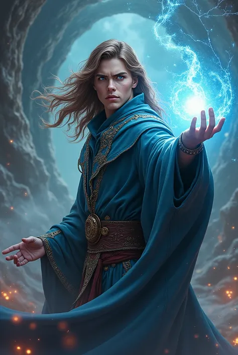 a Sorceror with brown hair and blue eyes