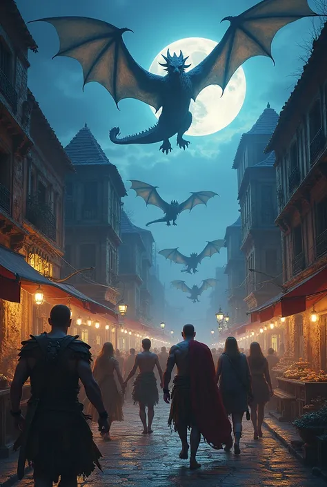 Medieval fantasy kingdom, with commerce, in the city, barbarian men and women, shirtless, dragons flying over the kingdom, night time under the moon