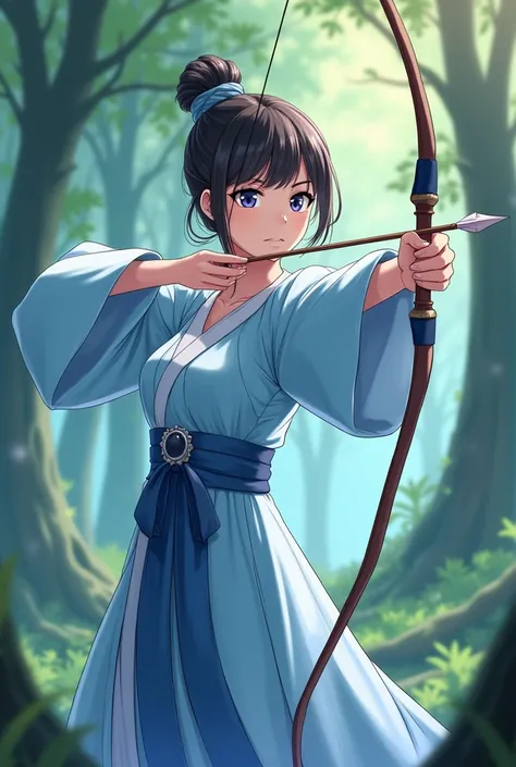  Draw a stunning woman with a focused expression,  holding a bow and drawing an arrow , ready to shoot.  She wears an elegant period costume in shades of light blue ,  highlighting its graceful figure .  Her hair is tied in a classic hairstyle with delicat...