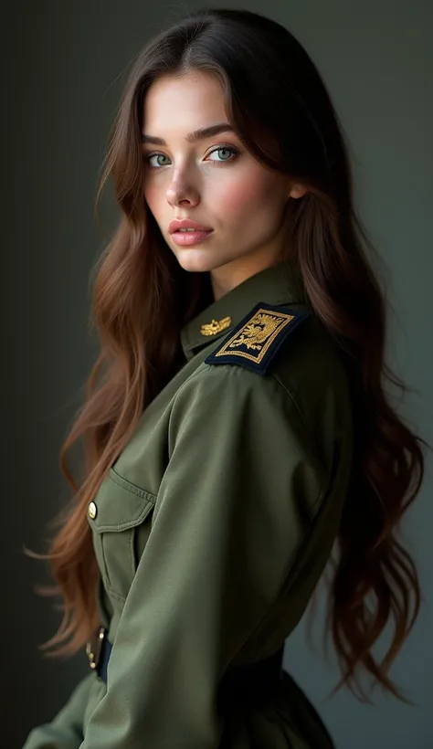 Half body photography of young beautiful Russian lady, very white skin, very long brown hair in soldier uniform, big breasts, big ass, turning sideways, looking straight to the camera. 