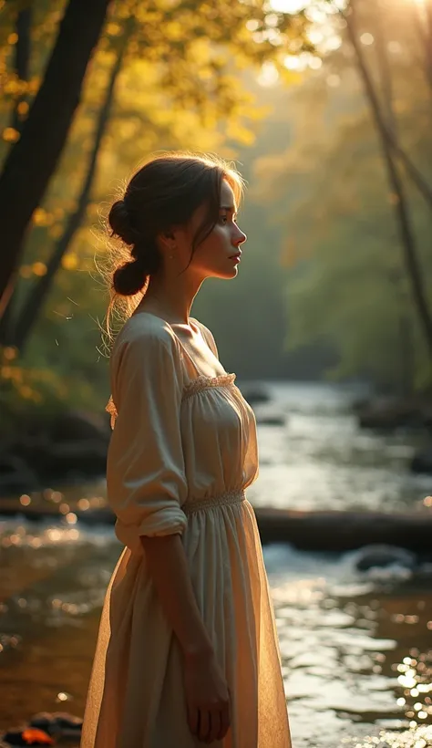 vintage style: full shot, wide angle, A beautiful attractive woman
The woman is shown calmly observing the thoughts, not reacting, her body language relaxed, her posture open. The setting is peaceful, with the soft sound of the stream in the background, an...