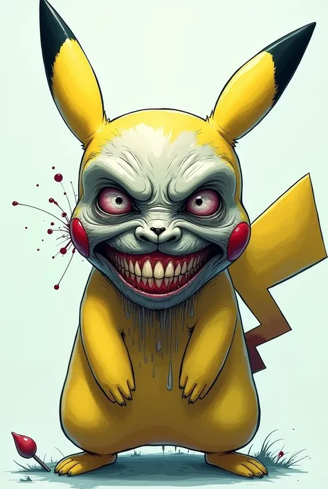 [Pikachu with a disturbing, distorted face overlay, unsettling grin, chaotic energy], [Digital art, cartoon/comic style, surreal horror], [None], [High contrast, sharp lines on the face contrasting with Pikachus smoother form;  white and teal color palette...