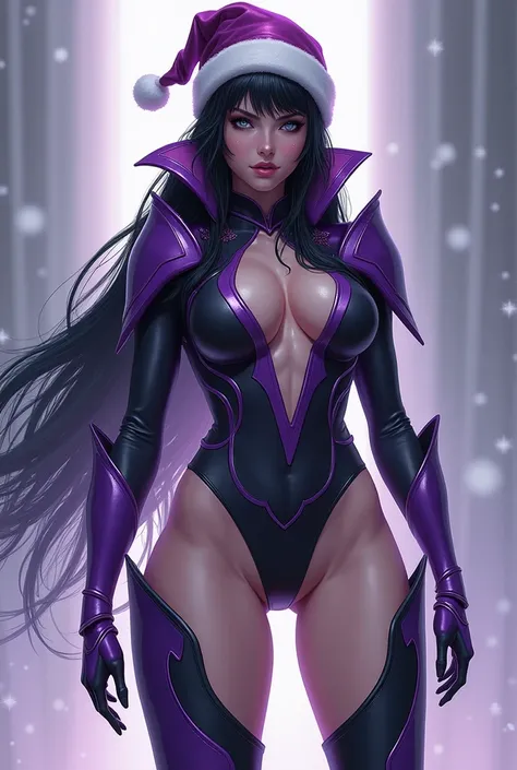 woman/ very long hair black in the middle and white on the sides with a christmas hat/purple and black bracelets/purple and black swimsuit with purple and black details on the armor /part of the swimsuit extended behind/  White eyes/ super long black and p...