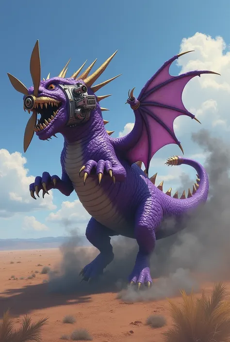 A fantasy purple dragon imitating a gas powered Rotary propeller engine revving on the very front of the dragons head spinning the rotary propeller engine Extremely fast and starts the purple dragon farting black diesel smoke revving up the dragons farting...