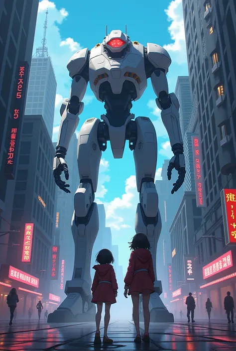 Anime scene of two people in a city with a robot., digital cyberpunk anime art, cyberpunk anime art, Cyberpunk anime girl mech, cyberpunk anime art, Modern cyberpunk anime,  cyberpunk digital art - anime , anime mecha aesthetic, anime rudo 8K, best anime 4...