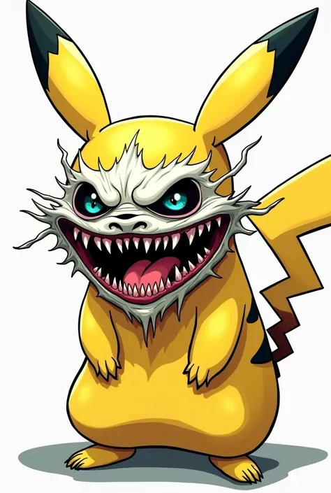 [Pikachu with a disturbing, demon, distorted face overlay, unsettling grin, chaotic energy], [Digital art, cartoon/comic style, surreal horror], [None], [High contrast, sharp lines on the face contrasting with Pikachus smoother form;  white and teal color ...