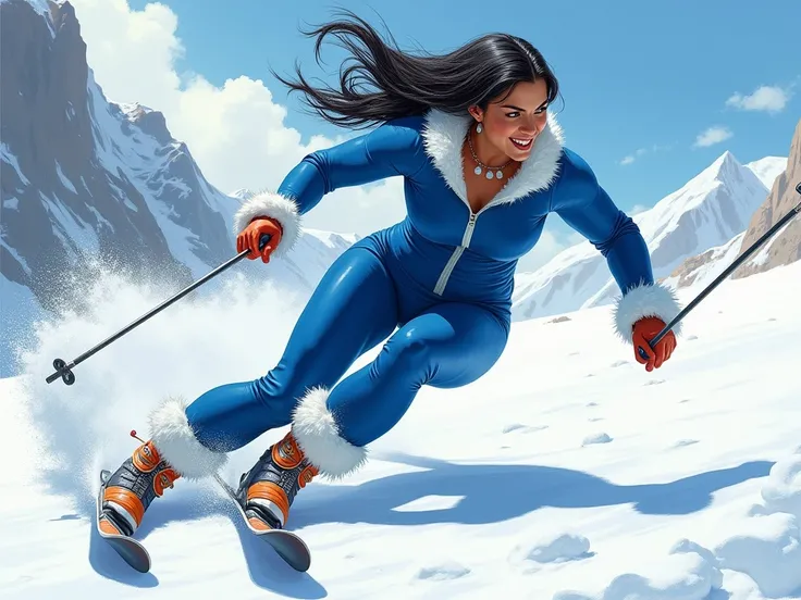 illustrate a native american skier with realistic lights and shadows and intricate details, she wears a blue ski suit with a white zipper in the front , white fur fringe around her neck and white fur cuffs. She is voluptuous, large breasts, thick muscular ...