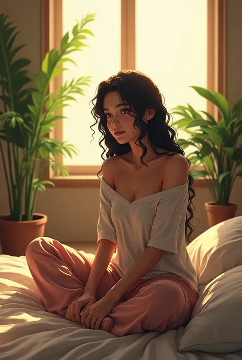 (photorealism:1.2),naruto sitting on bed, wearing loose off-shoulder top, pajama pants, long curly hair, indoors, soft lighting, plants in background, window with sunlight, cozy room, relaxed pose, realistic, intricate details, warm colors, by Greg Rutkows...