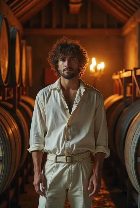  Brazilian man 25 years old .  humble white clothes from the 19th century .  In a quick gesture he hides behind cereal bags.  the luminosity of the storage with wine barrels is like candles and torches. The warehouse setting is from the 19th century . 