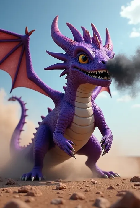 A fantasy purple dragon imitating a gas powered Rotary propeller engine revving on the very front of the dragons head spinning the rotary propeller engine Extremely fast and starts the purple dragon farting black diesel smoke revving up the dragons farting...