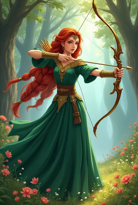  A woman with long red hair tied in a detailed braid ,  with a confident expression ,  holding a golden bow with an arrow ready to shoot .  She wears a mediaeval-inspired dress in shades of emerald green with details embroidered in gold,  highlighting its ...