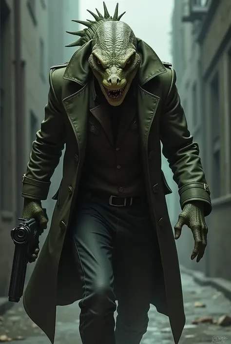 Lizardman wearing a trench coat walking infront if the camera with a dead eye stare puting out a gun