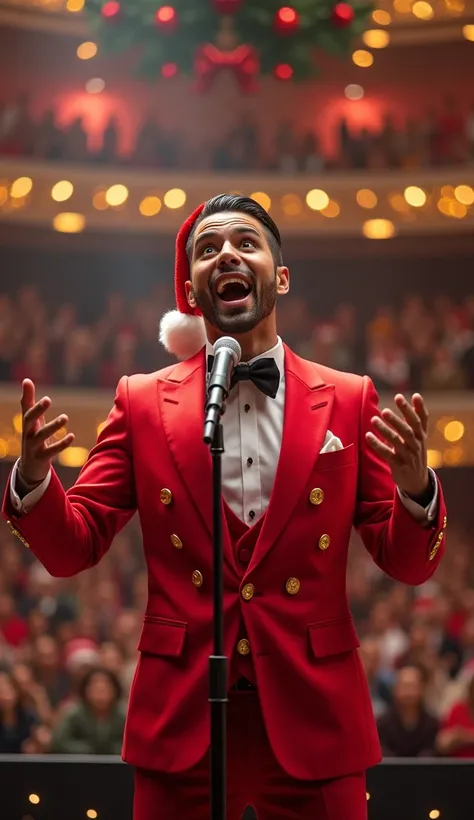  a presenter charismatic is standing in the center of a stage decorated for Christmas ,  with an expression of pure surprise on his face . he has light brown skin, black hair slicked back, and he is dressed elegantly ,  with a bright red suit decorated wit...