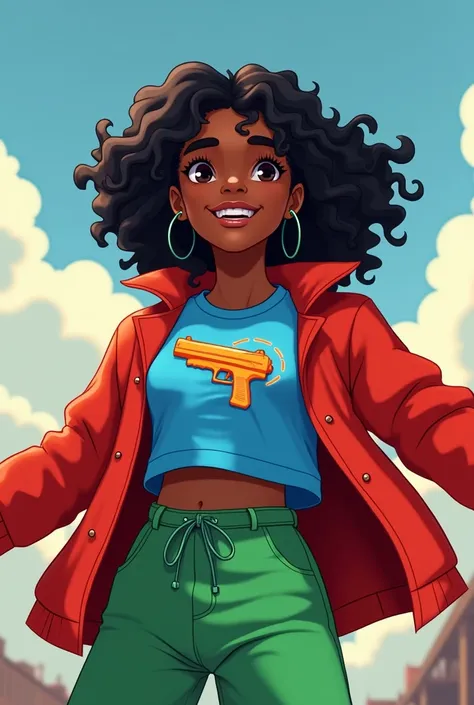 A  black teenager with black hair wears green shorts, a blue shirt with a water gun print and wears a red jacket.