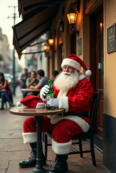 "Create a realistic and detailed image of Santa Claus sitting at an outdoor table in a bar on the corner of Almirante Barroso and Pedro Américo streets in Santos, São Paulo, specifically in the famous Bar do Leonardo which has a black awning over its entir...