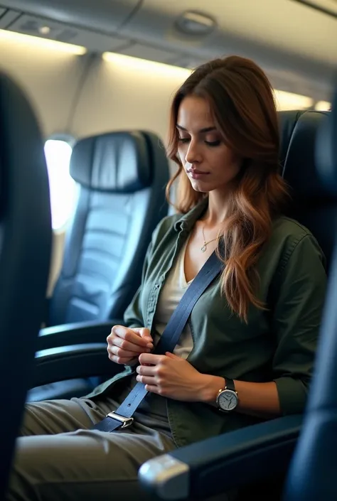 Woman fastening her seat belt on the plane 