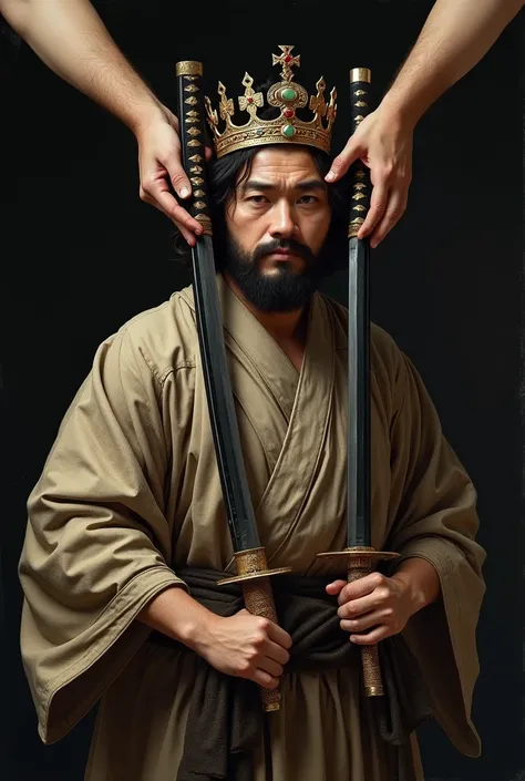  an illustration of a Japanese shoulder to which disembodied hands are placing a crown and this man is holding a Katana at chest height with the blade or "WE" For the bottom, this man has a sad expression on his face as he looks at the katana , and the bac...