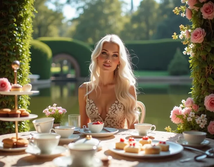 A beautiful Instagram model with white long hair and green eyes enjoying a high tea setup in a castle garden, her floral designer dress and radiant smile exuding sophisticated charm.