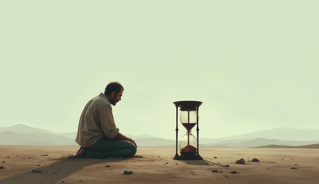 A man kneeling on the floor, with a large faded hourglass and open skies