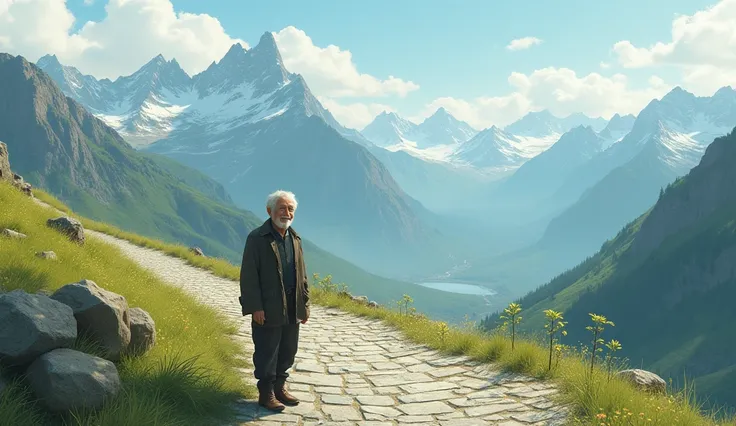  The long impassable cobblestone highway, little grass plants  ,  mountain mountain scenery , Smiling old man