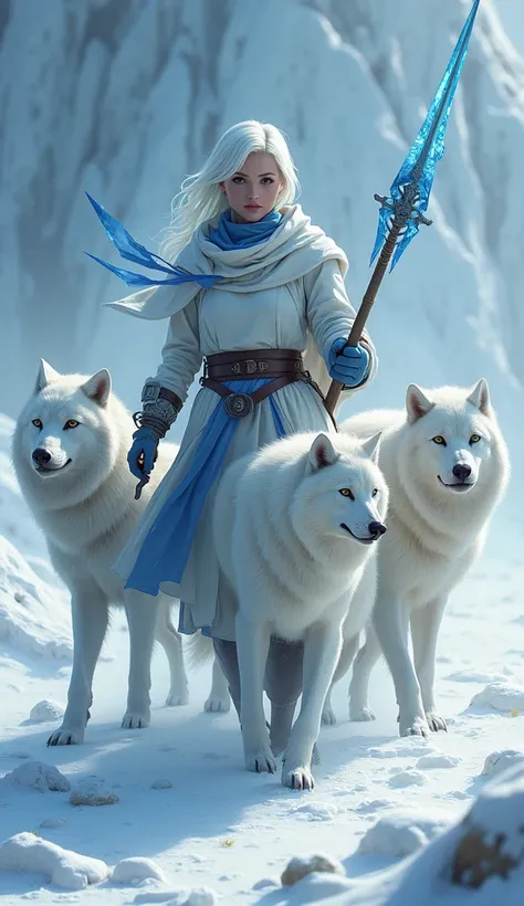 Huntress of the Eternal Frost
A warrior with short white hair and sharp eyes, wearing a white tunic with blue accents. She holds a spear with sharp icy tips and is surrounded by white wolves.