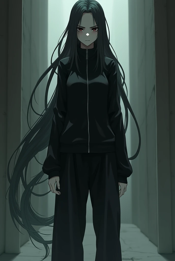 Woman, long arms,long horsetail black-hair, black sports_uniform, chadal negro, pantalon holgado,ojeras,pale skin, tall woman,score_9, score_8_up, score_7_up,source_anime,BREAK,Sadako Yamamura