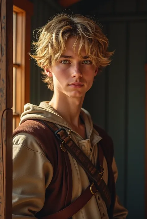 Jhoan  (19) looks out from his cabin . It is high,  very attractive and athletic build .  He has dark blonde hair ,  with a disheveled style and natural waves that fall on his forehead and the sides of his face. her eyes are light,  green color ,  and has ...