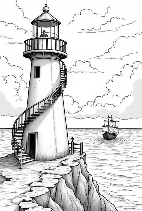 Description of a black-and-white coloring image :

 of a lighthouse high on a rocky cliff by the sea. In a night scene .  There is a spiral staircase inside the lighthouse. It is climbed by a man named Liam, wearing a simple jacket and hat.  In the corner,...