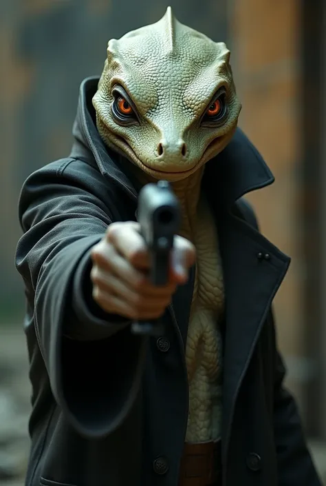 Lizardman without anything on his head, just bald, no spikes etc. Wearing a trench coat walks infront of camera with a hunter eye stare holding a gun