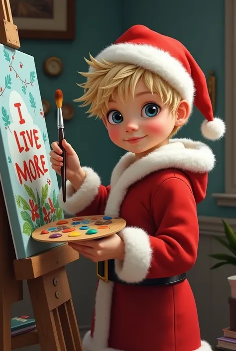 white skin boy, Blonde hair thrown aside ,  Santa Claus dress,  with paint palette and brushes in hands .  Written on the footer Painting I Live More.