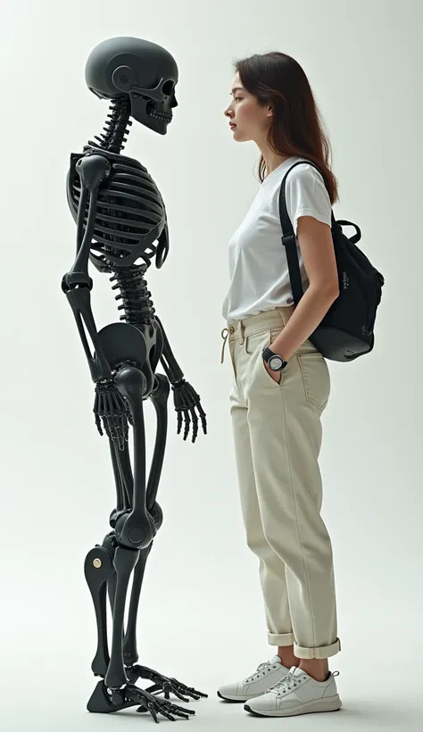 The photo shows a full-length skeleton of a robot, next to a female body in casual clothes in the same pose.