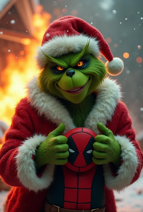 In ultra-realistic 30k resolution, a fur-covered Grinch dons the iconic Wolverine costume, clutching a Deadpool Grinch costume in his grasp, as fiery explosions devastate the Santa Claus house in the background.