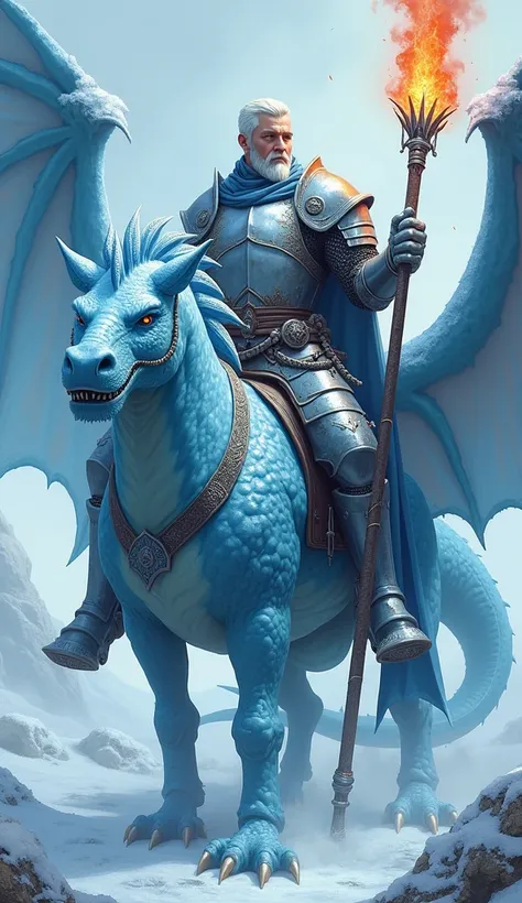 Knight of the Ice Dragon
A warrior with short white hair and a trimmed beard, mounted on a translucent blue dragon. He wears heavy frosted steel armor and carries a fiery lance contrasting with the icy surroundings.