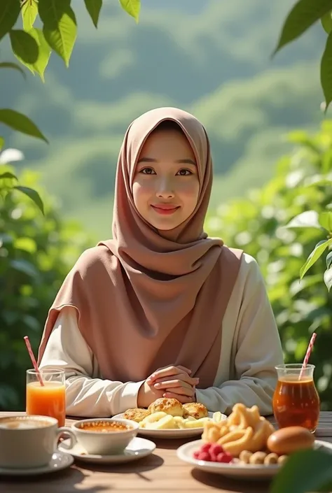 Realpict a beautiful Thai woman in hijab looking forward with a smile sitting the atmosphere of the morning there is food and drink at the table.background green landscape of tea garden 