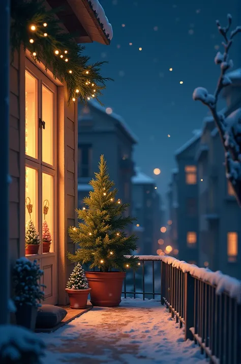 Simple christmas decorations in a small balcony in a night setting 