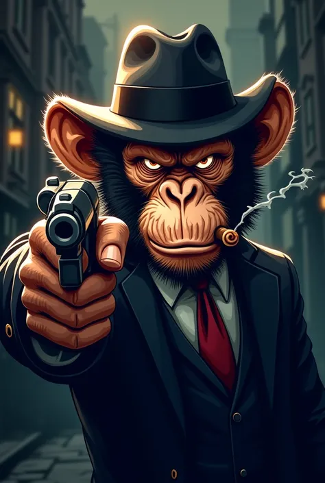 Angry gangster monkey logo, and he’s smoking and pointing a gun 