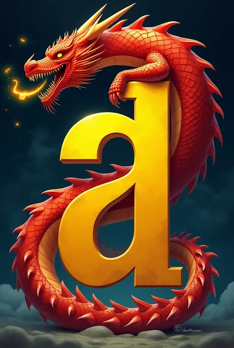 Illustration of a red dragon in the shape of ＆ connecting the large yellow A and L letters 、大きく黄色のAとLの文字をつないでいるイラスト