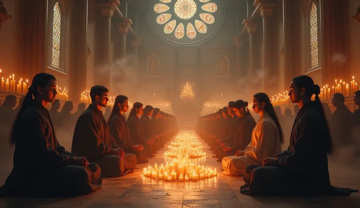 A devoted group of ren praying in the church. With lighted candles among them